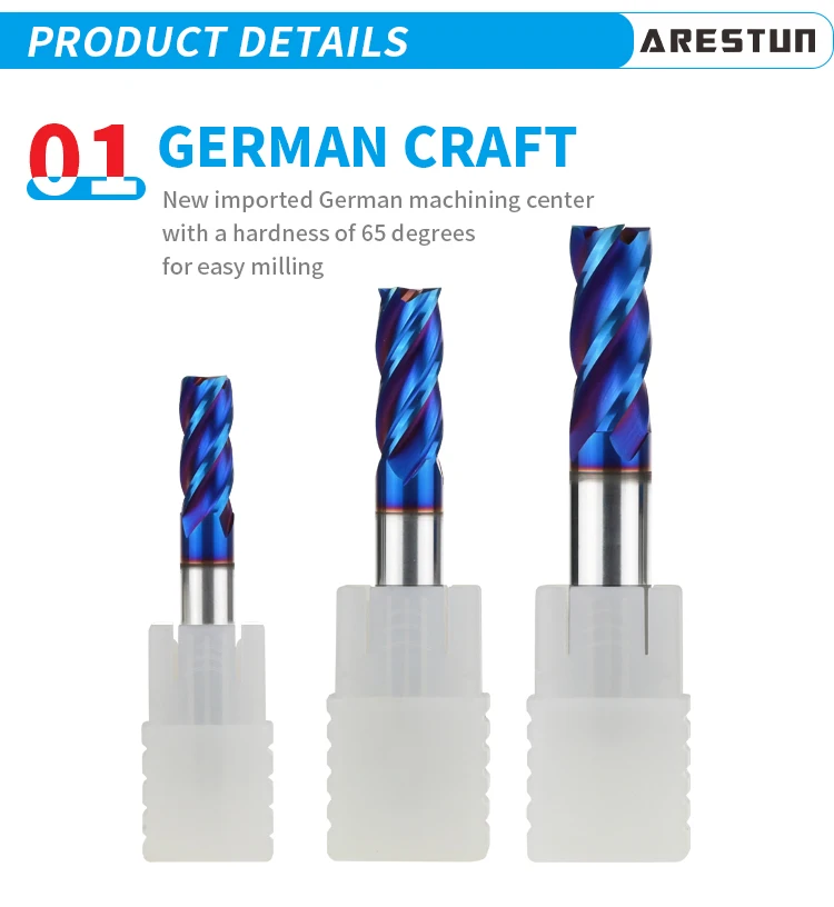 Solid Carbide End Mill 4 Flute Blue Coating Milling Cutter for Hrc65 Hardened Steel Machining