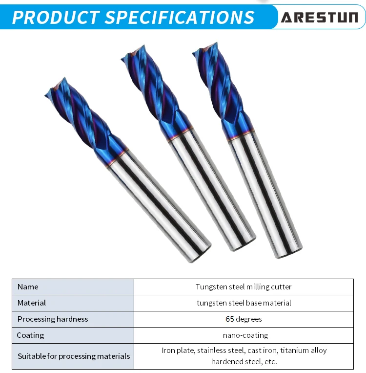 Solid Carbide End Mill 4 Flute Blue Coating Milling Cutter for Hrc65 Hardened Steel Machining