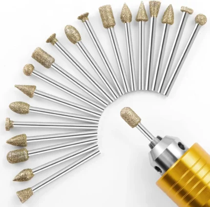 Grinding Burr Drill Bit Suit 20pcs Rotating Tool Accessories Stone Carving Belt 1 /8 Inch Handle for Ceramic Glass Polishing En