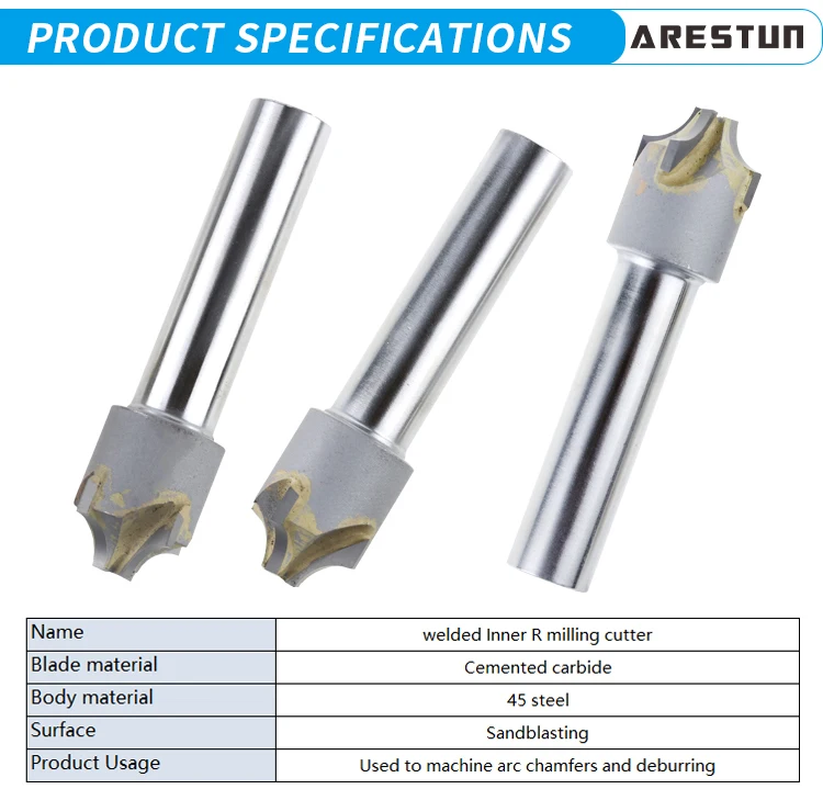 Straight Shank Inlaid with Carbide Tungsten Steel Chamfered Inner R Arc Milling Cutter End Mills Customized R2 R4 R5 R6 R15 R20