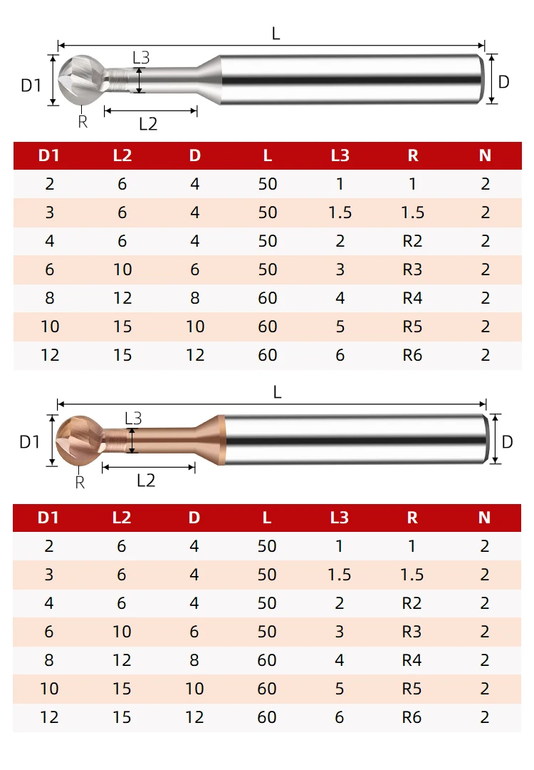 Four Flute Lollipop Ball End Mill R0.5 1.75 2.5 3 4 Tungsten Steel Carbide Milling Cutter End Milling Cutter R Knife