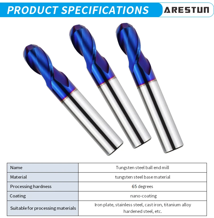 High Hardness Steel Tungsten Carbide 2/ 4 Flute Nano Coating Ball Nose End Mill Cnc Cutting Tools Carbide Endmill