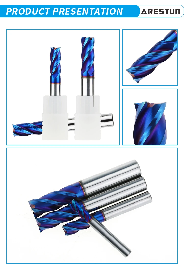 Solid Carbide End Mill 4 Flute Blue Coating Milling Cutter for Hrc65 Hardened Steel Machining