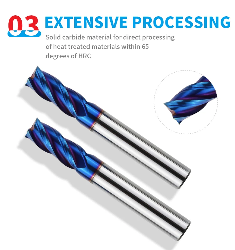Solid Carbide End Mill 4 Flute Blue Coating Milling Cutter for Hrc65 Hardened Steel Machining