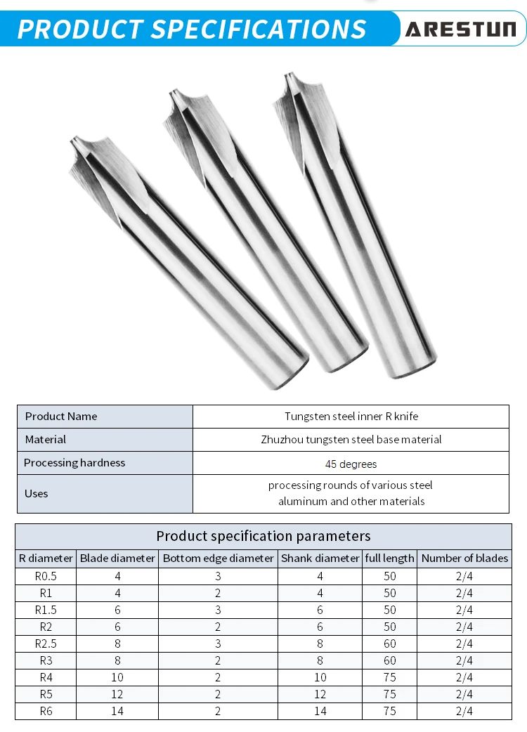 High Quality Safety Milling Cutters Solid Carbide End Mill With Tungsten Steel Inner R Milling Cutter D4/D6/D8/D10/D12